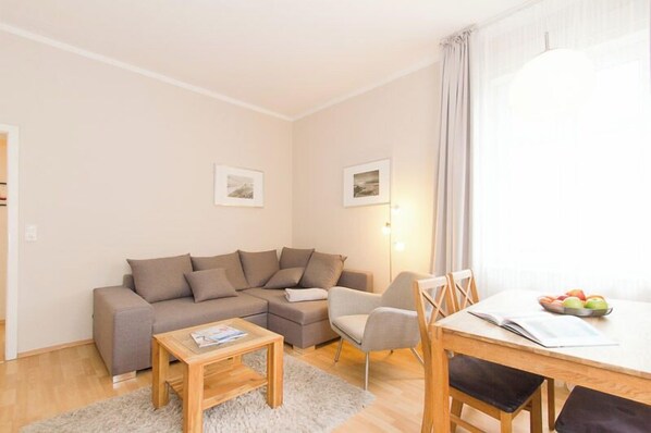 TV, DVD player, video library, stereo