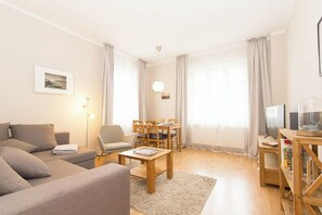 TV, DVD player, video library, stereo