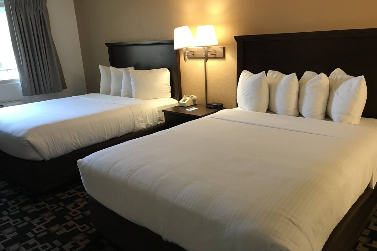 A hotel room with two beds, a nightstand with a lamp, and a telephone.