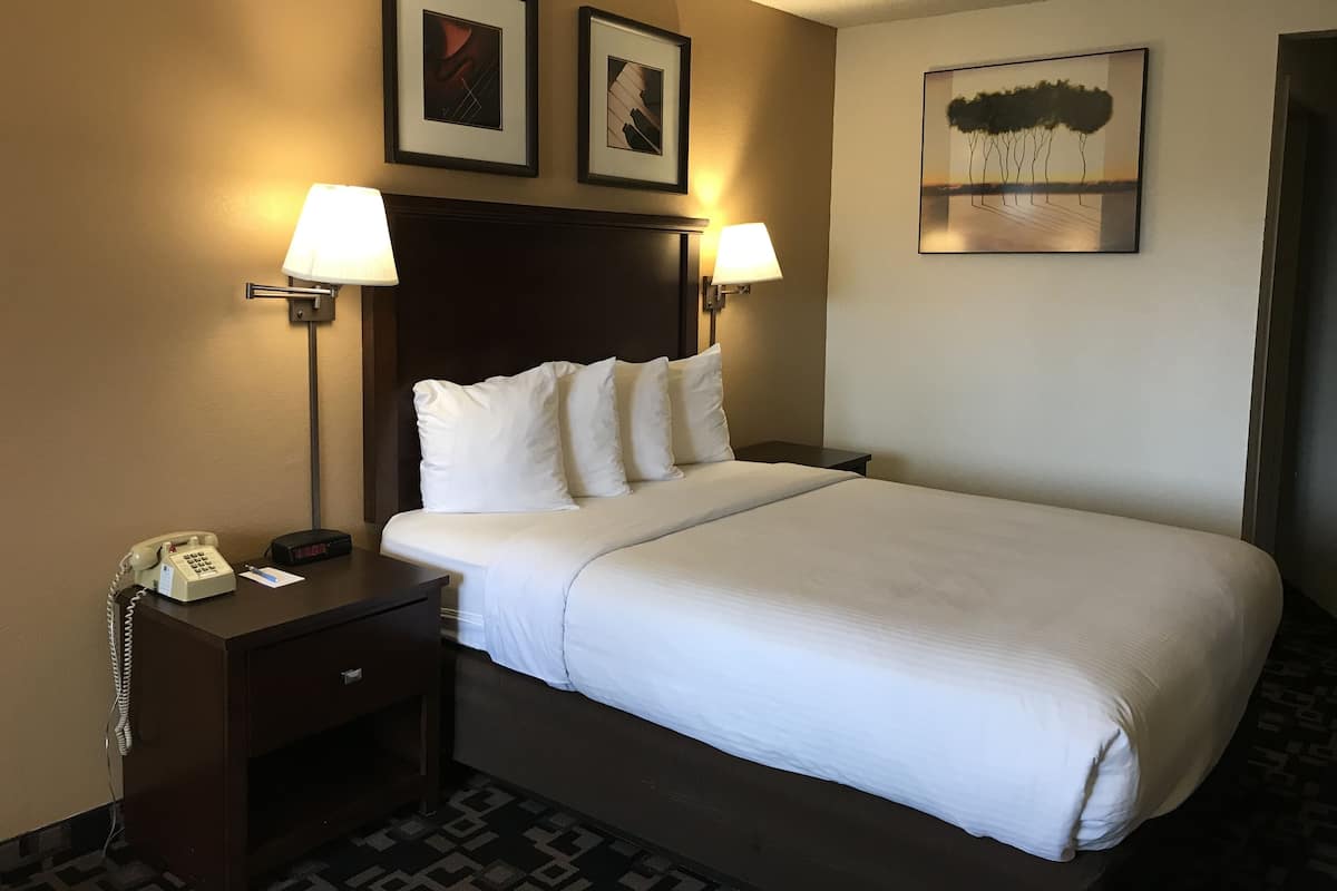 A hotel room with a bed, two bedside lamps, a nightstand with a phone, and framed artwork on the walls.