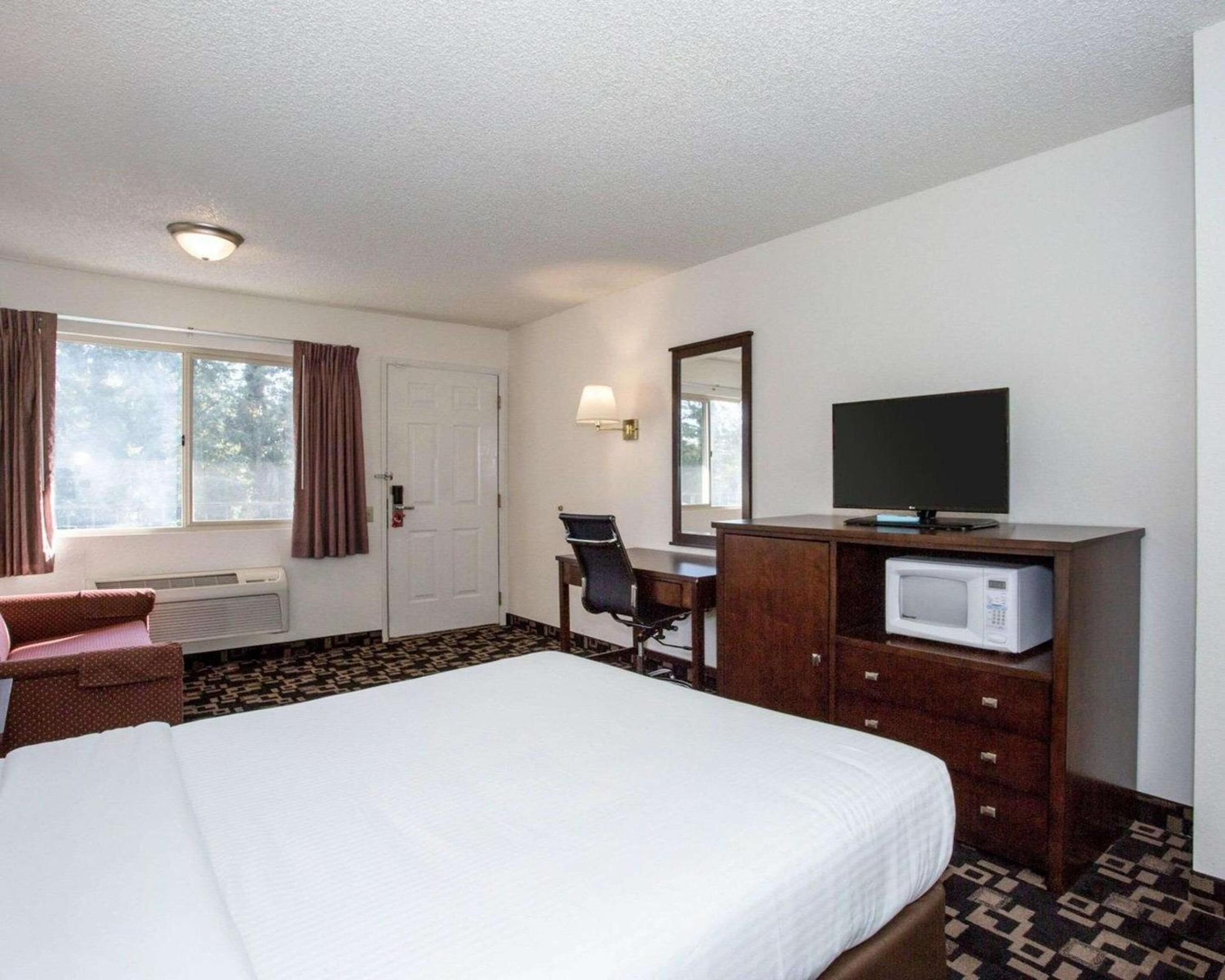 A hotel room with a bed, a desk with a chair, a television, a microwave, and a window with curtains.