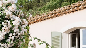 Un edificio blanco con techo de tejas, una puerta verde y una pared blanca.
