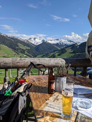 Una mesa con una botella de cerveza y un vaso, una mochila y una planta, con vistas a un paisaje montañoso.