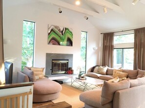 TV connectée, cheminée, console de jeux vidéo, livres