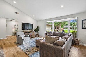 TV, fireplace, DVD player, smart speakers