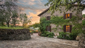 Un edificio de piedra con muros cubiertos de hiedra y un patio adoquinado.