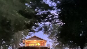 Ein Haus mit einer Holzterrasse und einer Veranda, umgeben von Bäumen.