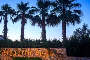 Experience golf at Alhambra, surrounded by tall palm trees.