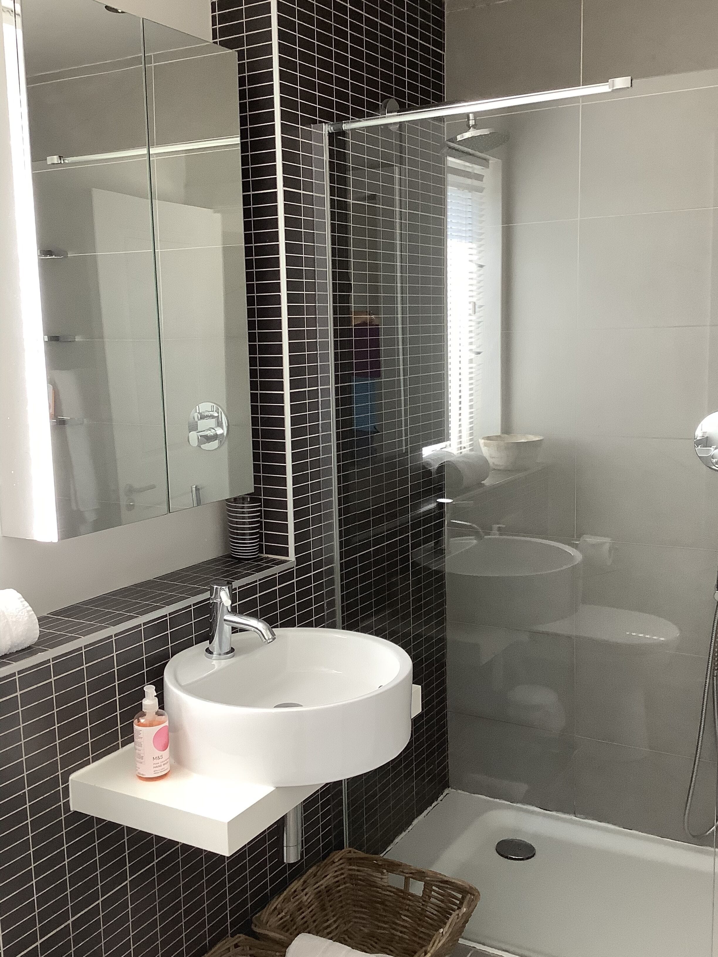 Combined shower/bathtub, hair dryer, towels, soap