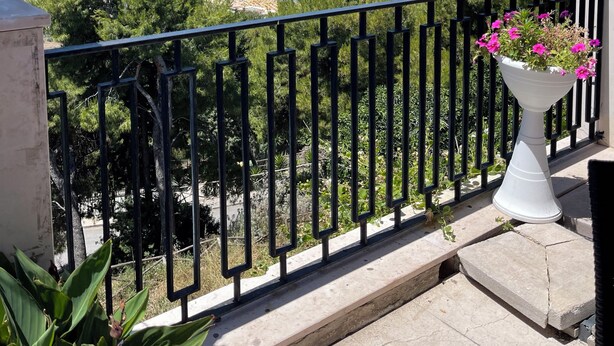 A balcony with a view of the sea, a railing, and a potted plant with flowers.