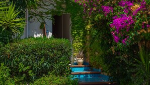 A garden with a blue staircase leading to a door, surrounded by lush greenery and purple flowers. - Apartment Lumia Big Superior (Sciacca)