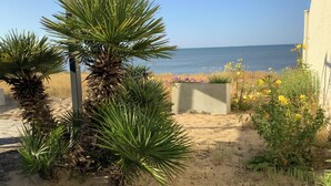 Een zandrijk buitengebied met palmbomen, bloeiende planten, een betonnen plantenbak en uitzicht op zee.