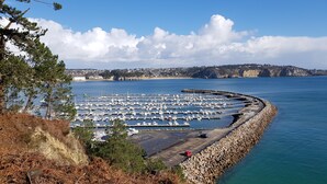 Un port de plaisance où de nombreux bateaux sont amarrés, entouré d’une côte rocheuse et sous un ciel dégagé.