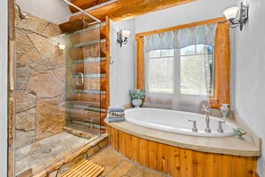 Shower, jetted tub, hair dryer, towels