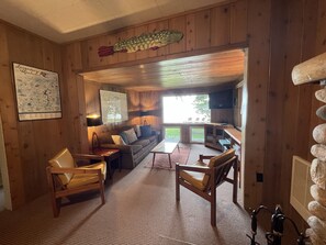 Smart TV, fireplace, DVD player, books