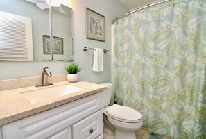 Combined shower/bathtub, hair dryer, towels