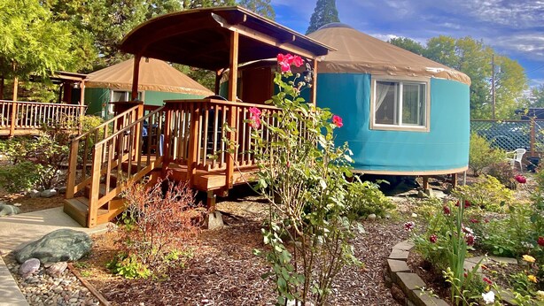 A blue cabin with a wooden deck and a covered area, surrounded by a garden with various plants and flowers.