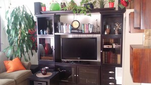 A living room with a flat-screen TV, bookshelves, decorative items, and a large plant.
