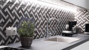 Een moderne keuken met een zwart-wit betegelde spatwand in een zigzagpatroon, een roestvrijstalen spoelbak, een koffiezetapparaat en een potplant met groen en paars blad.