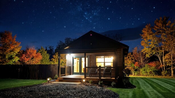 Een chalet met veranda, terras en uitzicht op de nachthemel.