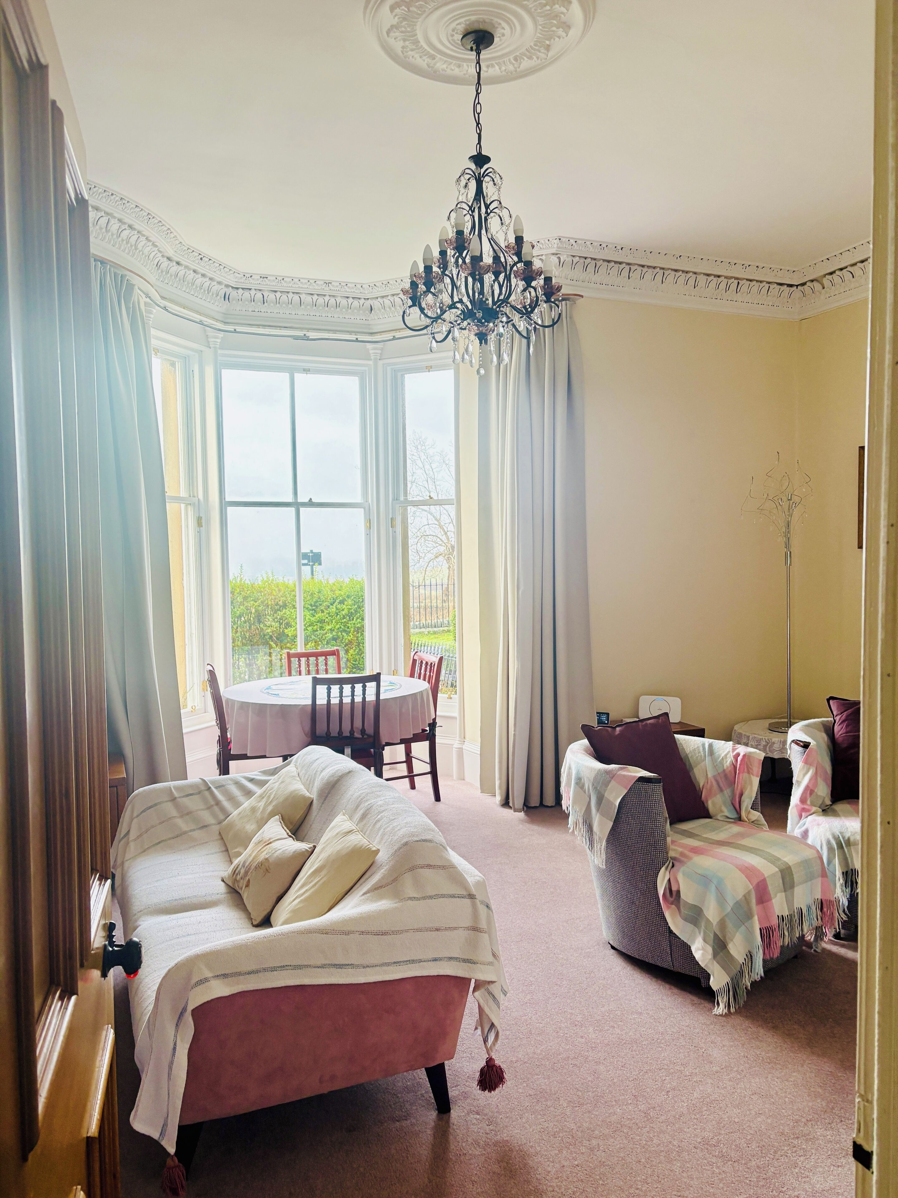 Smart TV, fireplace, books, printers