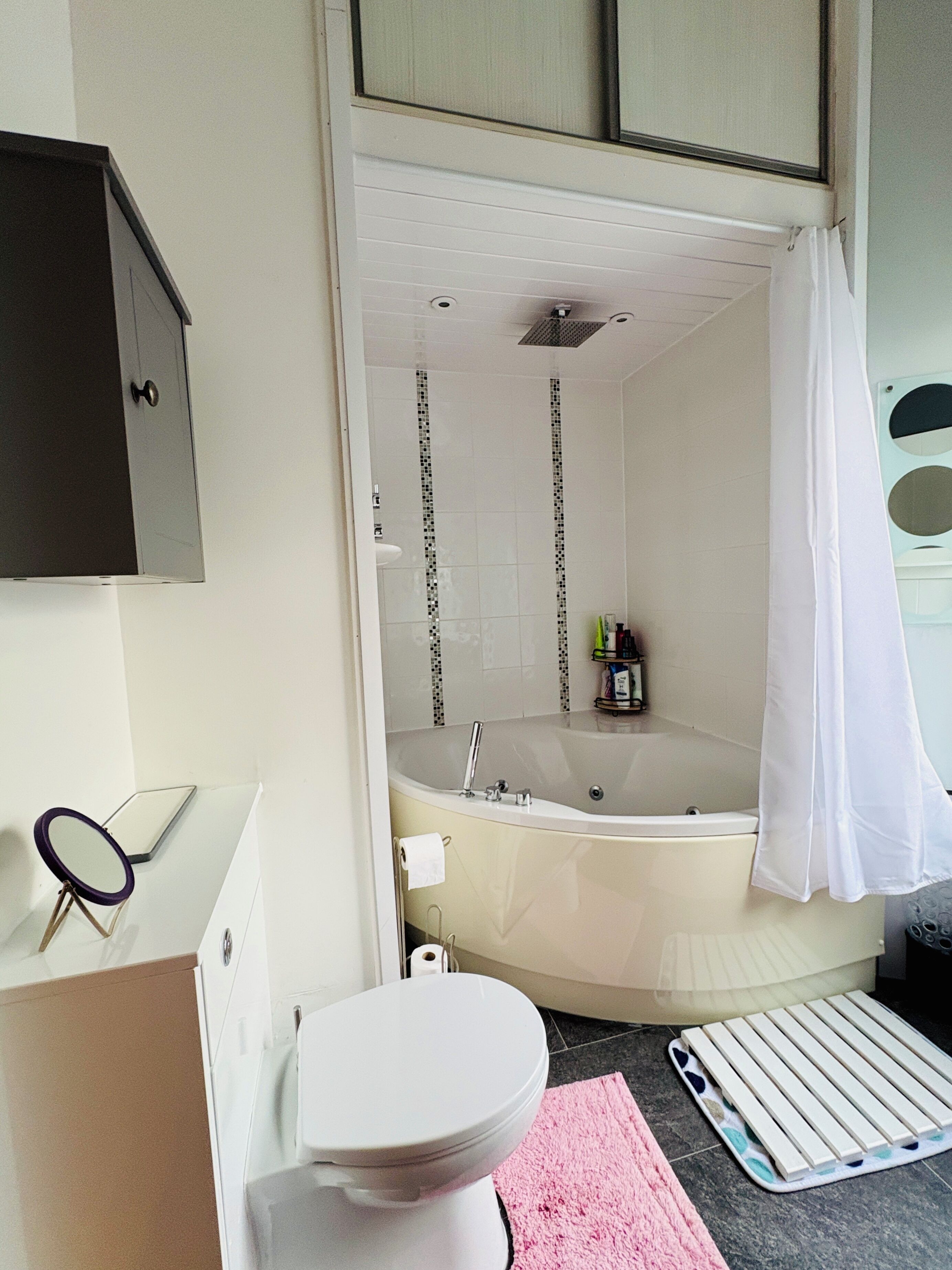 Combined shower/bathtub, jetted bath, hair dryer, towels