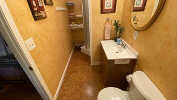 Shower, towels, shampoo, toilet paper
