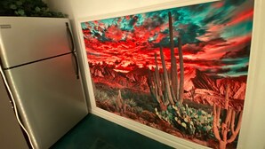 Una habitación con un cuadro grande de un paisaje desértico, un refrigerador blanco y un piso color aguamarina.