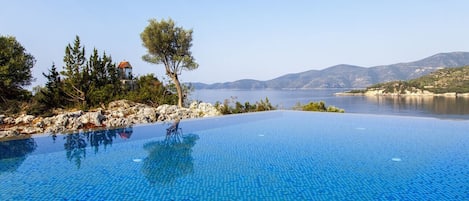 A heated pool, pool loungers