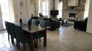 Un amplio salón con chimenea de piedra, un comedor con mesa de vidrio y un rincón de estar acogedor.