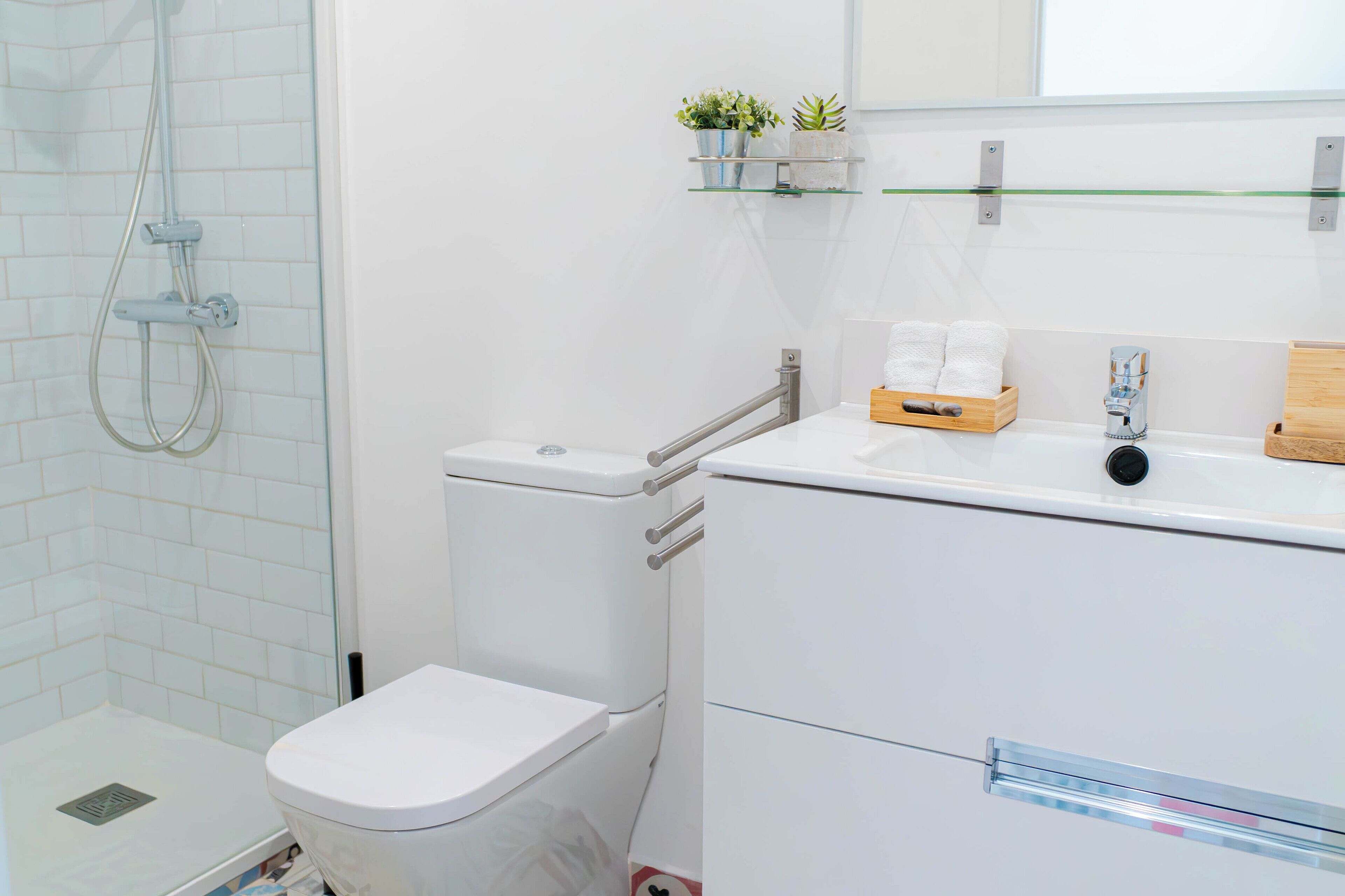Un baño moderno con inodoro, ducha y repisas de vidrio con plantas.