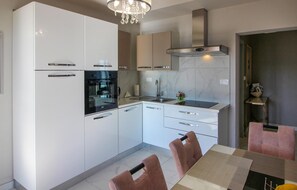 Fridge, stovetop, dishwasher, coffee/tea maker