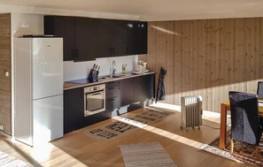 Fridge, stovetop, dishwasher, coffee/tea maker