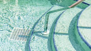 Ein klares Schwimmbecken mit sichtbarer Poolleiter und Stufen.