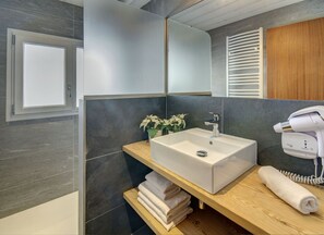 Shower, hair dryer, soap, toilet paper