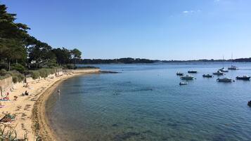 Enjoy a serene beach experience with clear waters and a sandy shore, perfect for swimming and boat activities.