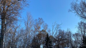 A red building with a snow-covered roof, surrounded by leafless trees and a clear blue sky. - YEAR-ROUND Private, Cozy Lakeside Cabin. Beautiful Views, 2 Boats, Kayak & Canoe (Ironton)