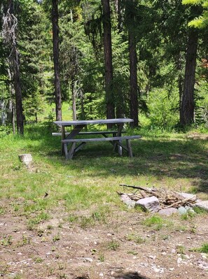 Une table de pique-nique située dans une zone boisée, entourée d’arbres et d’herbe.