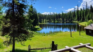 Um deck de madeira com vista para um lago, com uma floresta ao fundo.