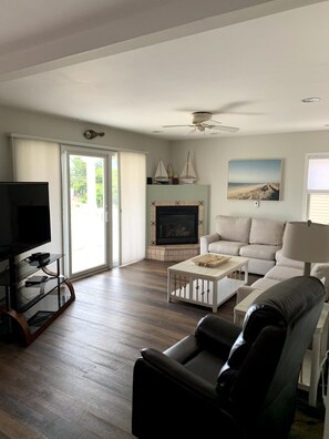 Smart TV, fireplace, DVD player, books