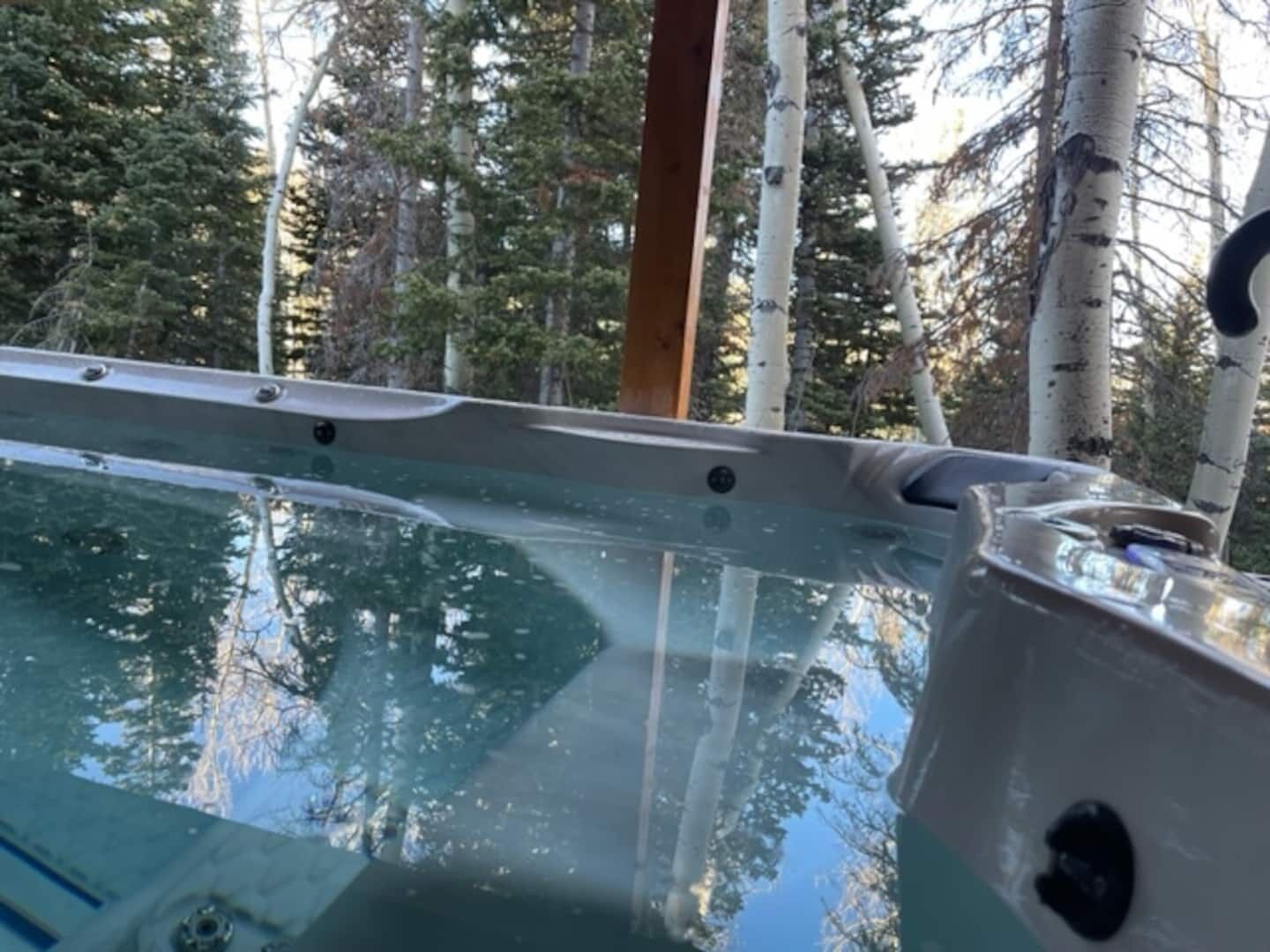 Una vasca idromassaggio con vista diretta sugli alberi circostanti.