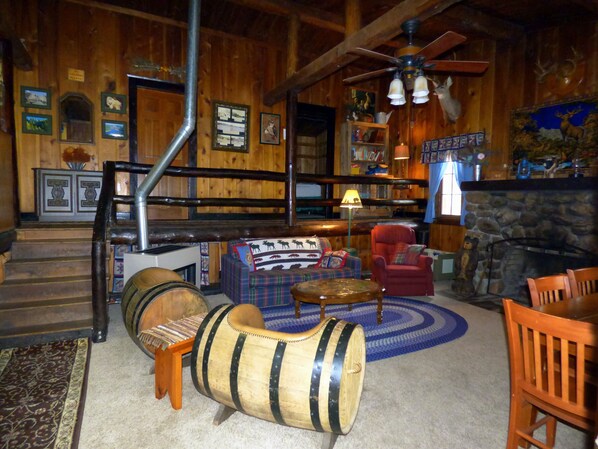 Fireplace, books - Pine Crest- Historic 3 bedroom Log Cabin built in the 1930's by the CCC. (Custer)