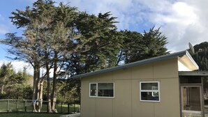 A small, single-story building with two windows and a door, surrounded by a paved area and trees. - Angie's Rural Retreat (Lower Hutt)