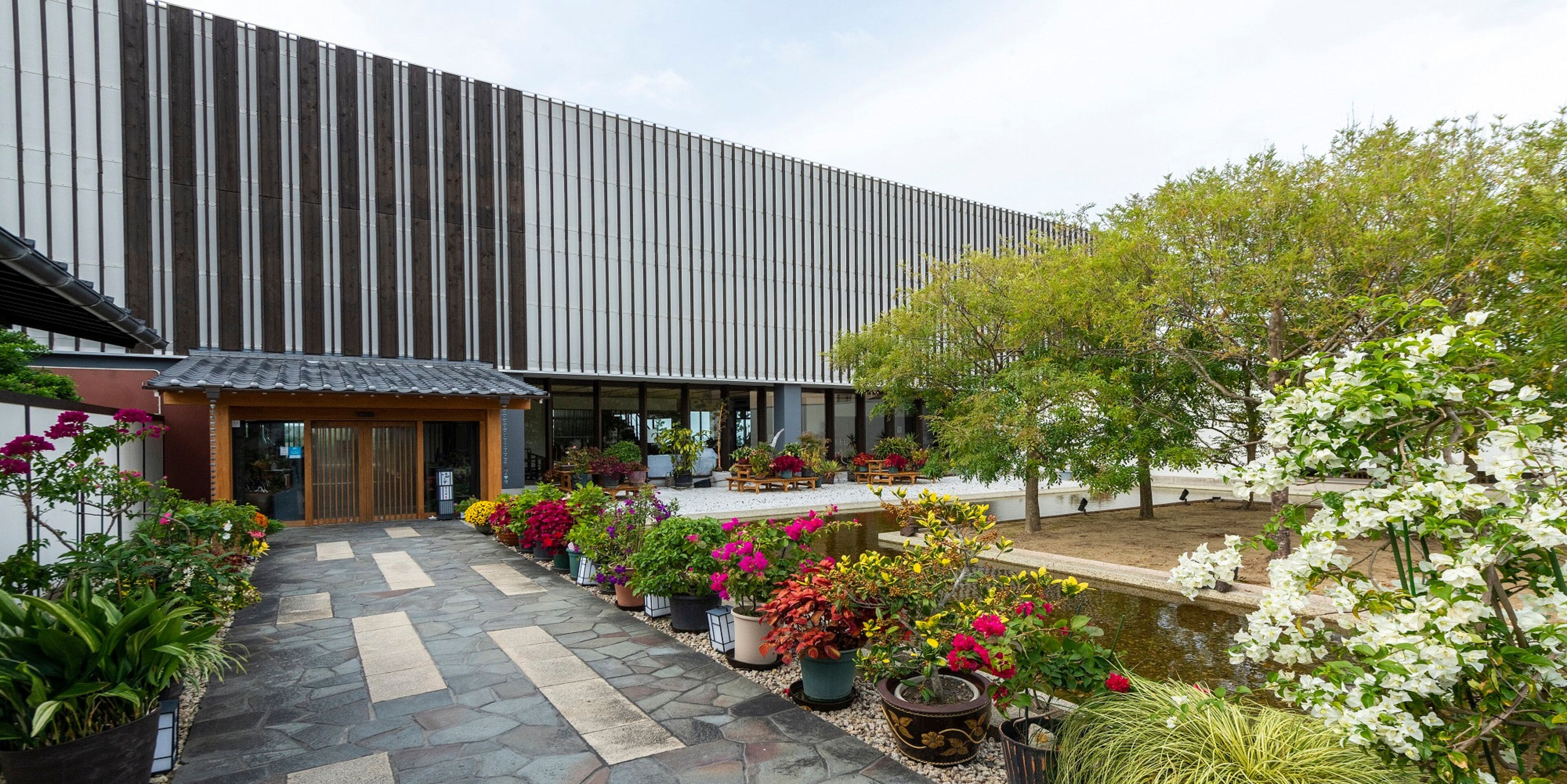 Un bâtiment moderne doté d’une entrée en bois, d’un chemin en pierre et d’une variété de plantes et de fleurs en pot.