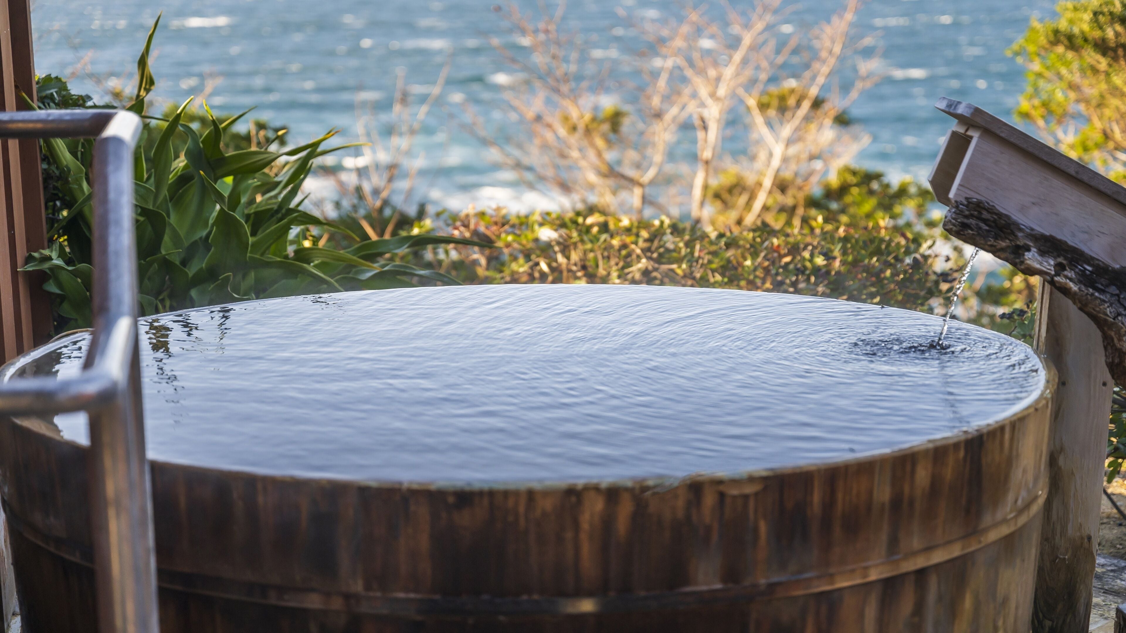 Tinaja de madera con barandilla metálica, rodeada de follaje y con vistas a una masa de agua.