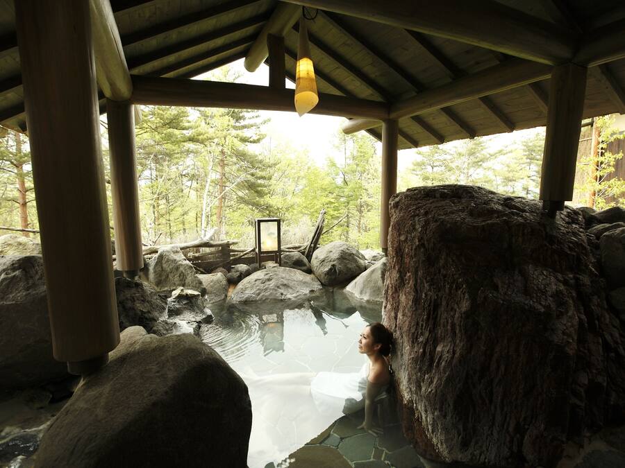 A hot spring area with large rocks, a wooden structure, and a view of trees.