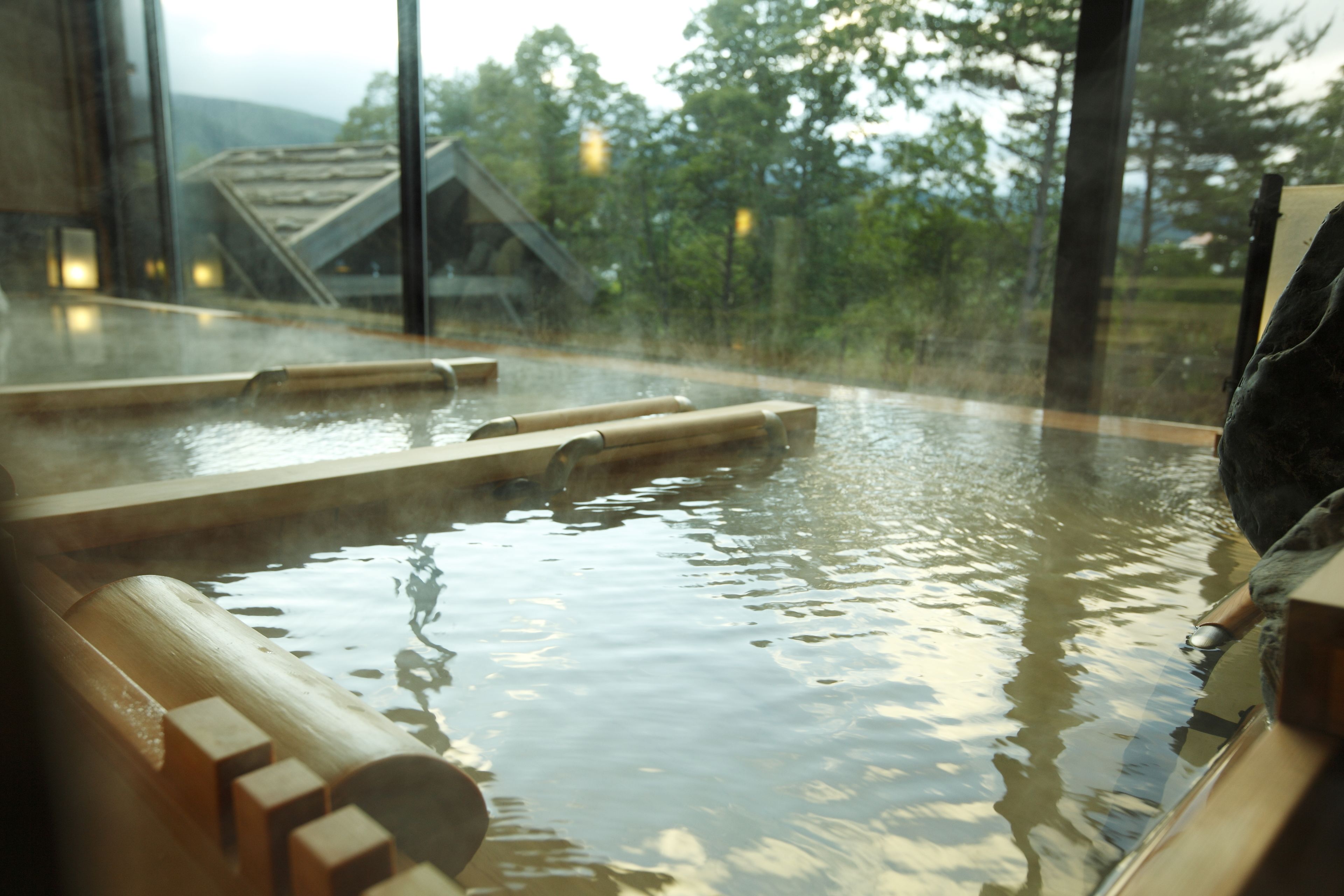 A hot spring bath with wooden steps and a view of a forested area through large windows.