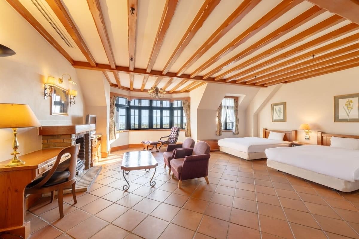 A room with a wooden ceiling, a bed, a sofa, a desk, and a chair.