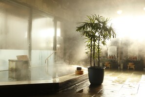 A steam room with a large potted plant, a wooden bench, and a tiled floor. - Wellness Forest NASU (Nasu)