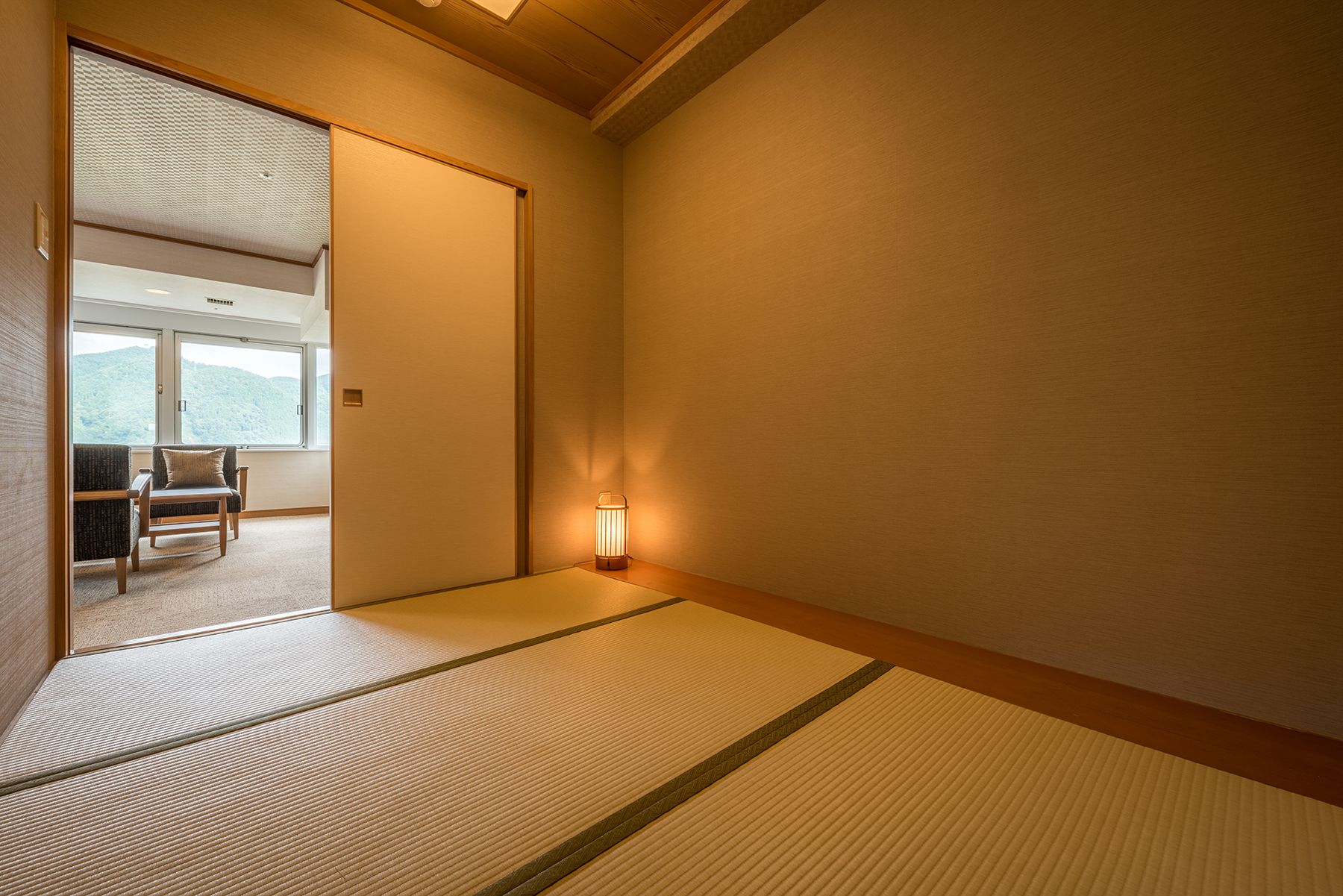 A traditional Japanese room with tatami flooring, a sliding door, and a view of a mountainous landscape.